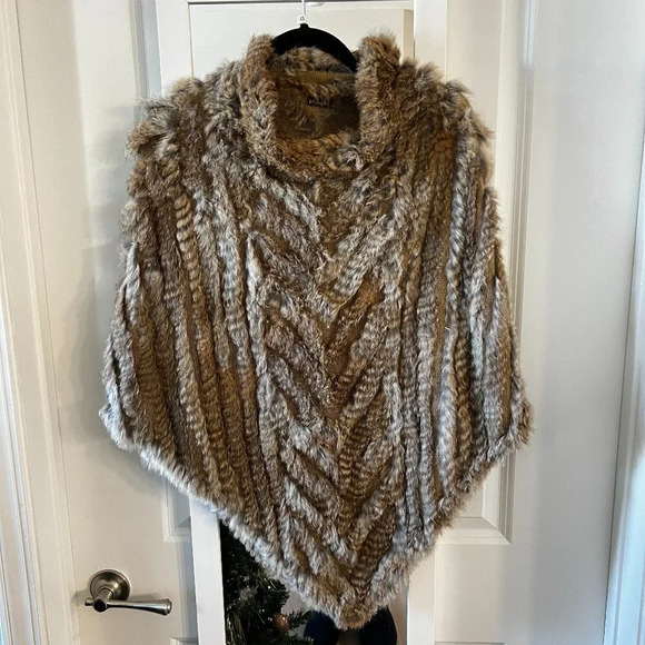 533 J. Mclaughlin Rabbit Fur Poncho One Size Color Brown Tan - Picture 1 of 5
